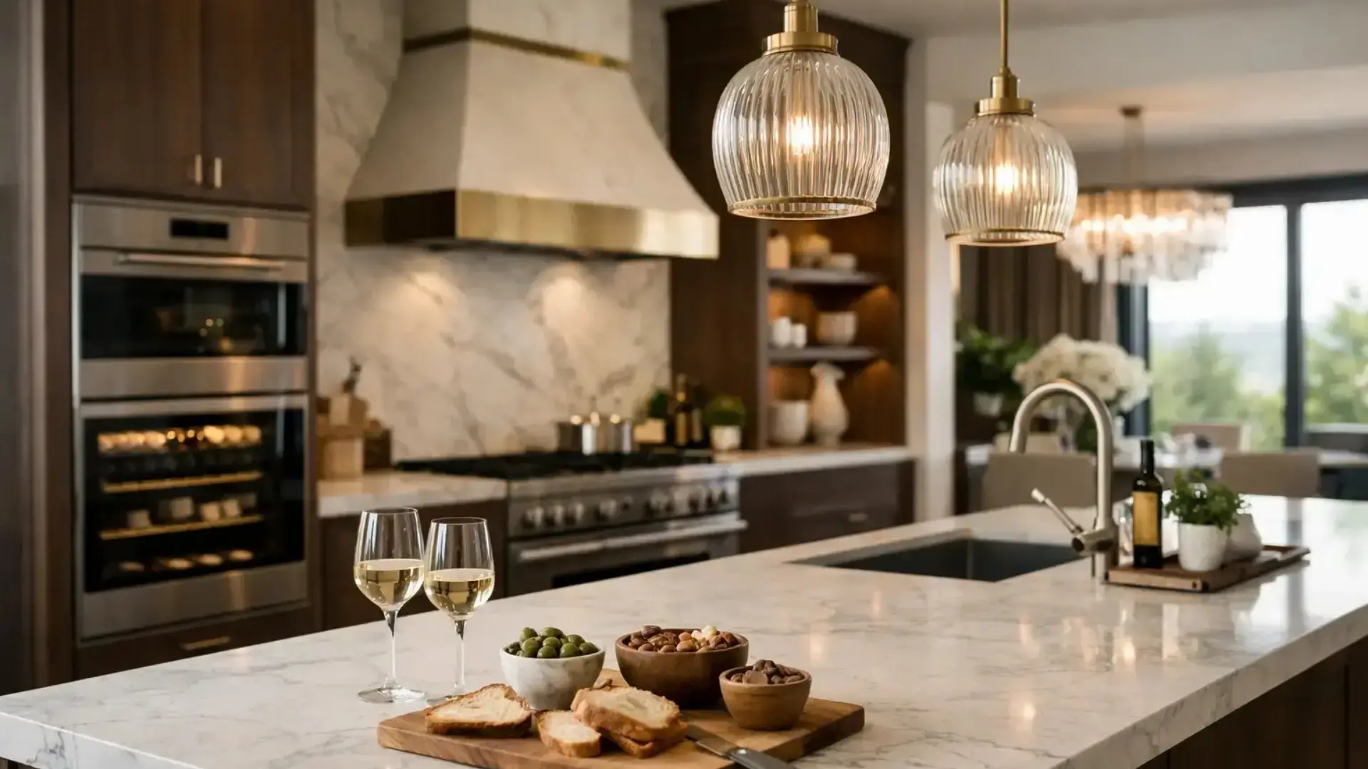 Luxury high-end kitchen remodel in North Atlanta featuring a large marble waterfall island with built-in sink, dark wood cabinetry, custom range hood, designer pendant lighting, and premium stainless steel appliances in a modern open-concept home.
