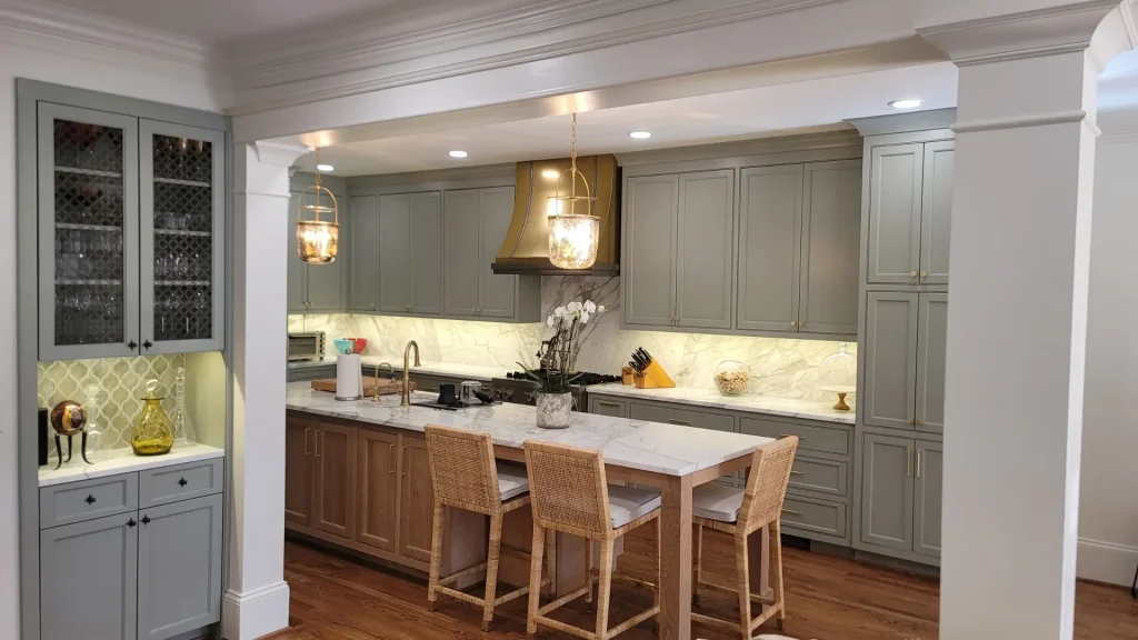 Luxury home remodeling and kitchen renovation in Atlanta GA featuring custom cabinetry, quartz countertops, recessed lighting, and open-concept living design.
