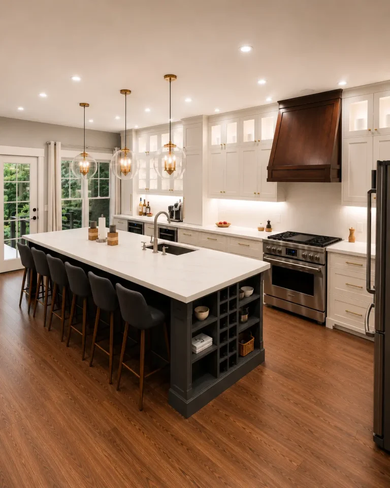 Kitchen remodel in Alpharetta with round hanging lights, custom cabinetry, and oversized island seating.