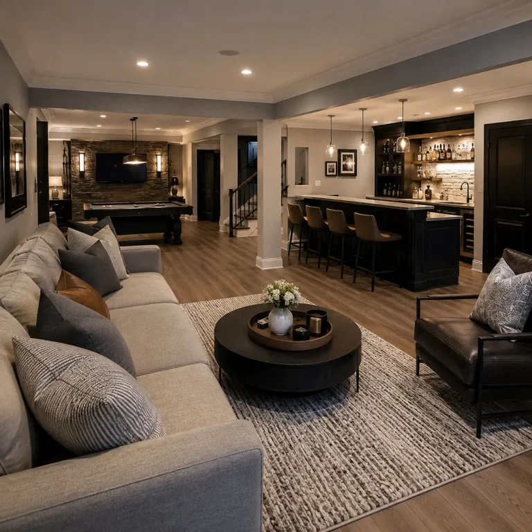 Luxury basement remodel in Alpharetta GA featuring a custom bar, entertainment area, modern lighting, and upscale finishes for high-end living.
