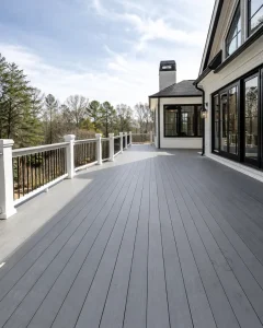 Luxury outdoor living project in Milton, GA featuring a custom composite deck, modern railing system, and expansive high-end backyard entertainment space.