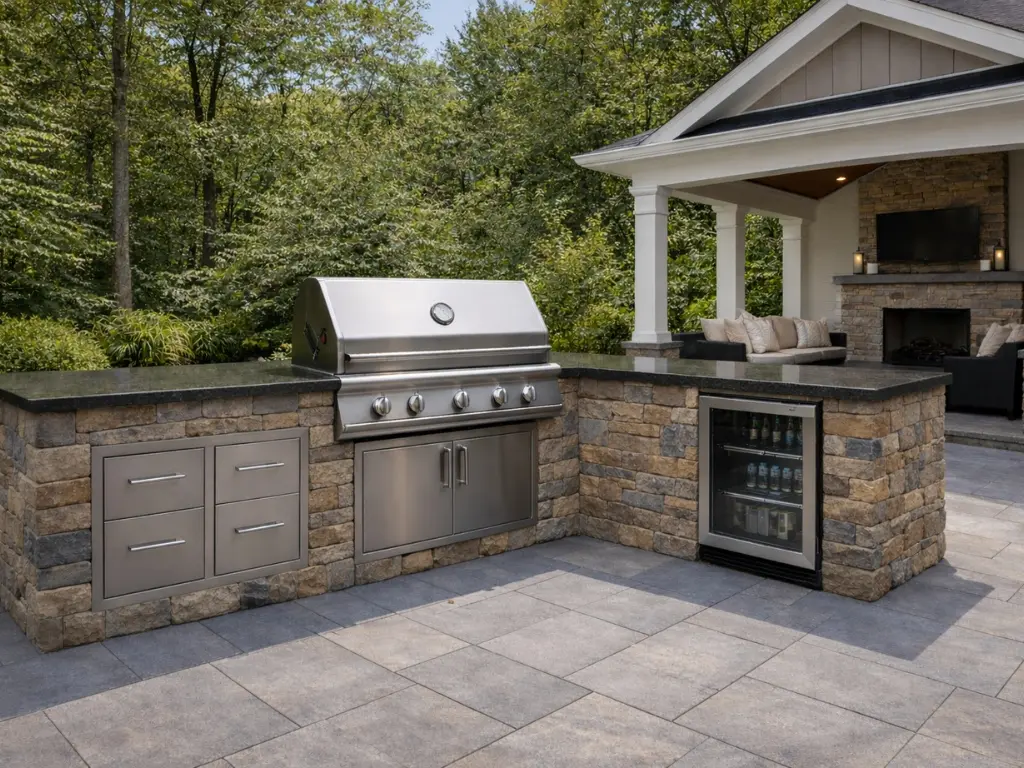 Luxury outdoor kitchen with built-in grill, stone veneer island, beverage fridge, and covered patio seating area.
