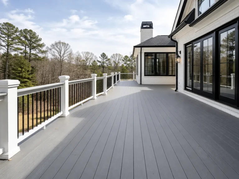 Premium composite deck with black aluminum railings overlooking wooded backyard in North Atlanta home by Yanover.