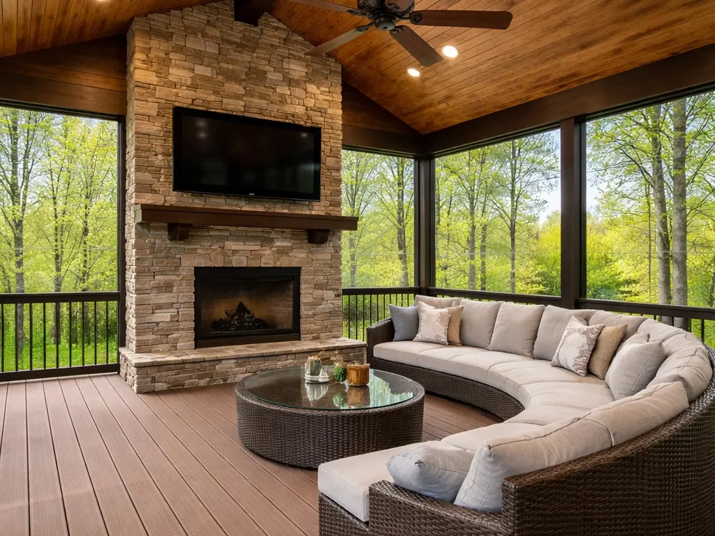 Screened porch with stone fireplace, TV, composite decking, and curved wicker sectional seating.