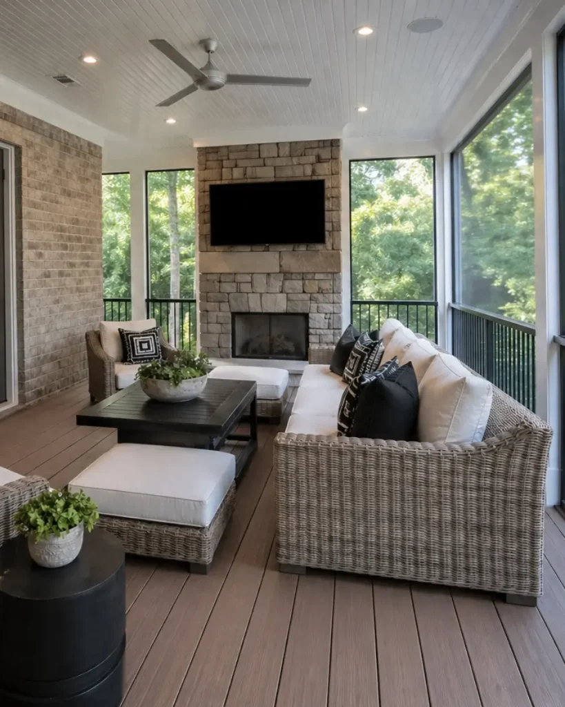 Luxury sunroom addition with fireplace, vaulted ceiling, and custom outdoor-indoor living design for high-end home remodeling in North Atlanta.
