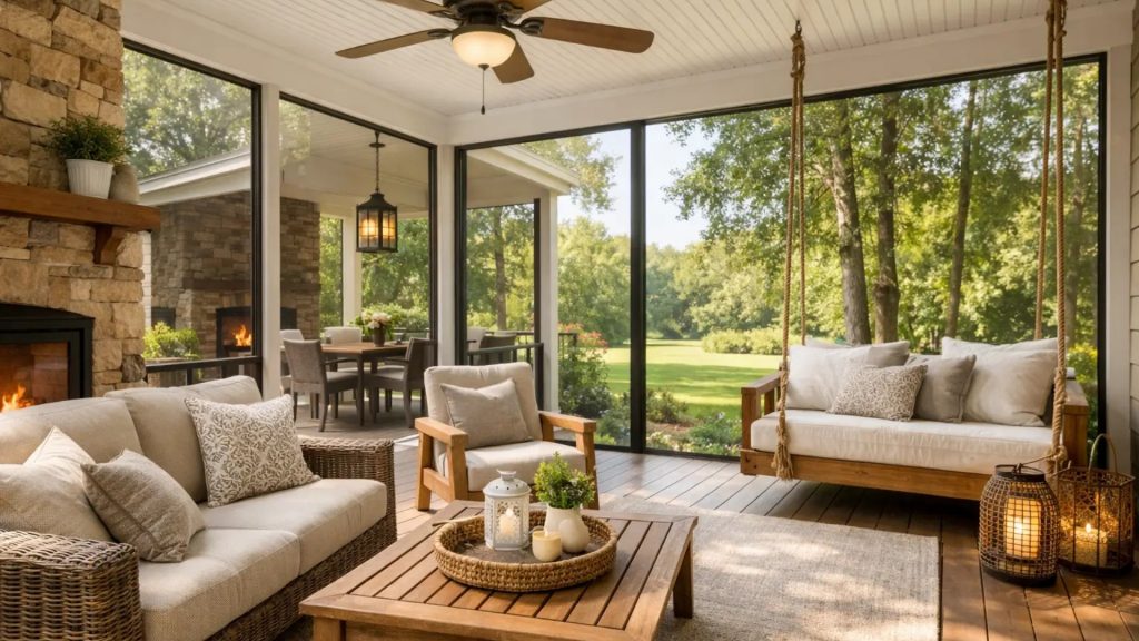 Custom screened porch featuring a fireplace, swing bed, and outdoor seating area overlooking a landscaped backyard.