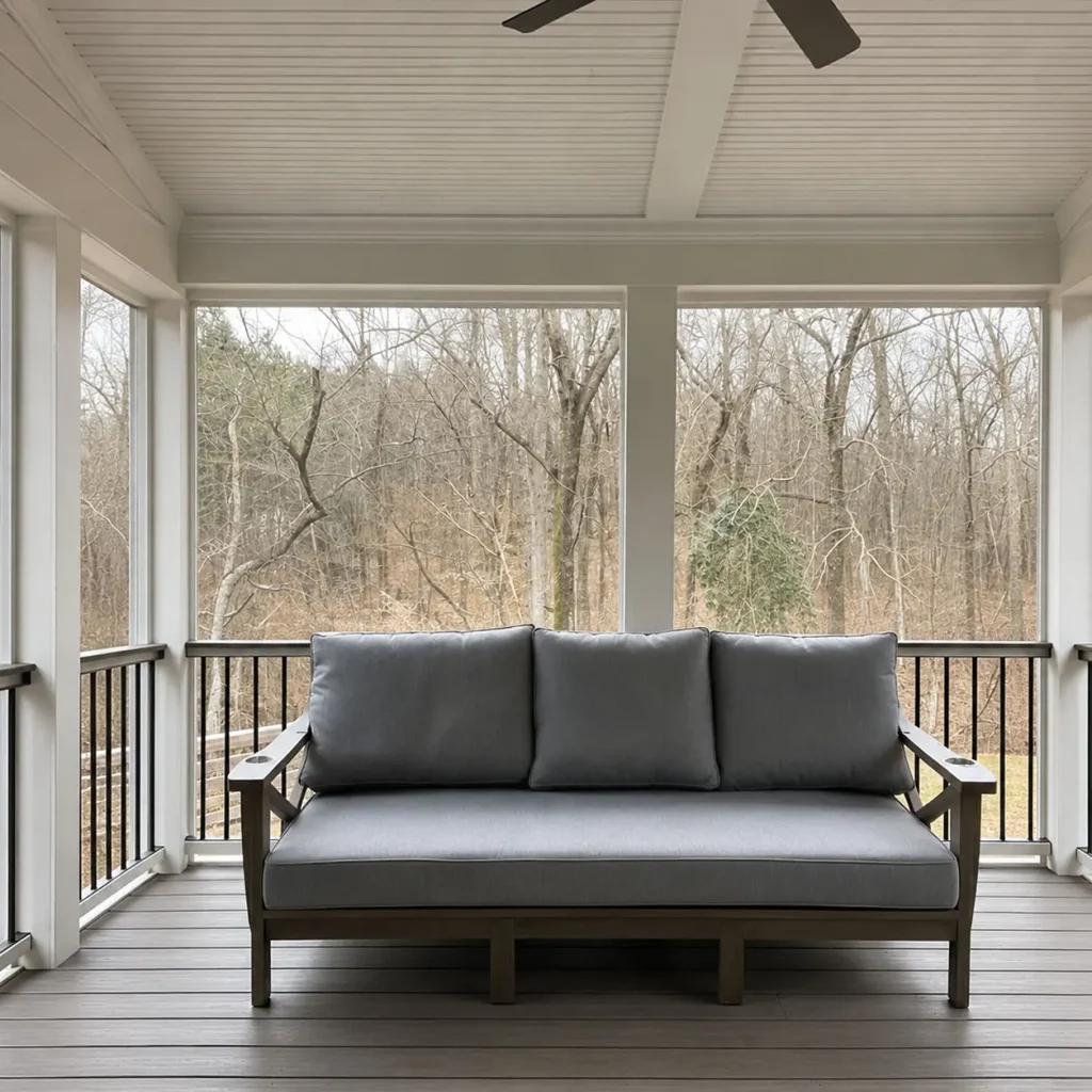 Modern screened porch with composite decking, white aluminum framing, black railings, and gray outdoor seating overlooking a wooded backyard in North Atlanta.