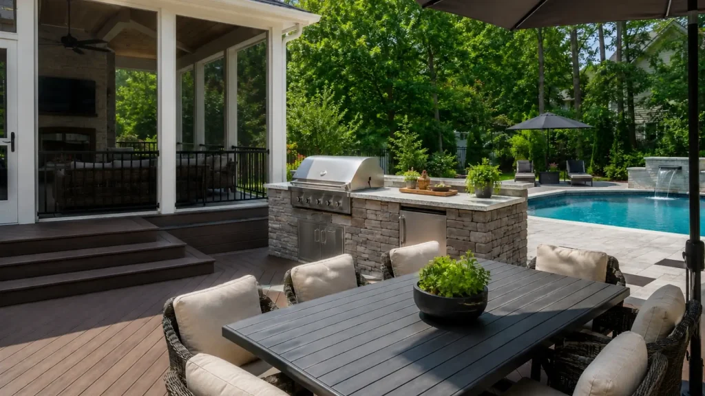 Luxury screened porch, composite deck, outdoor kitchen, and poolside outdoor living space in Milton, Georgia during summer