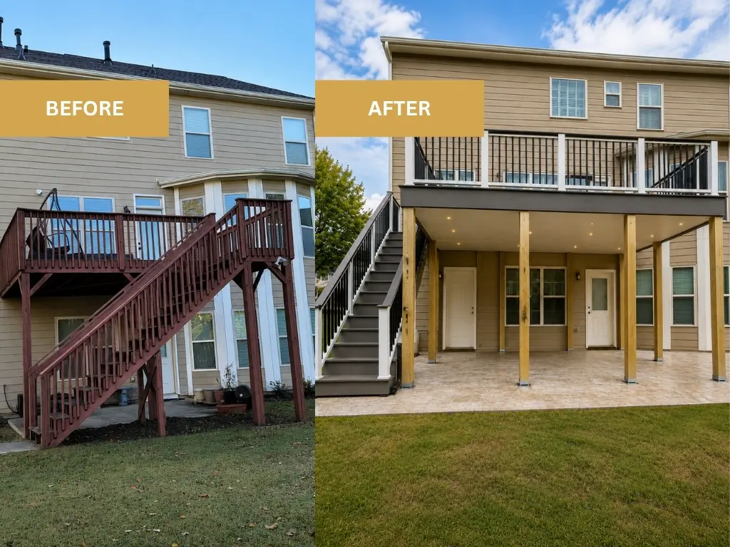 Before and after custom deck replacement featuring a composite deck and covered patio for a home in Alpharetta, GA.