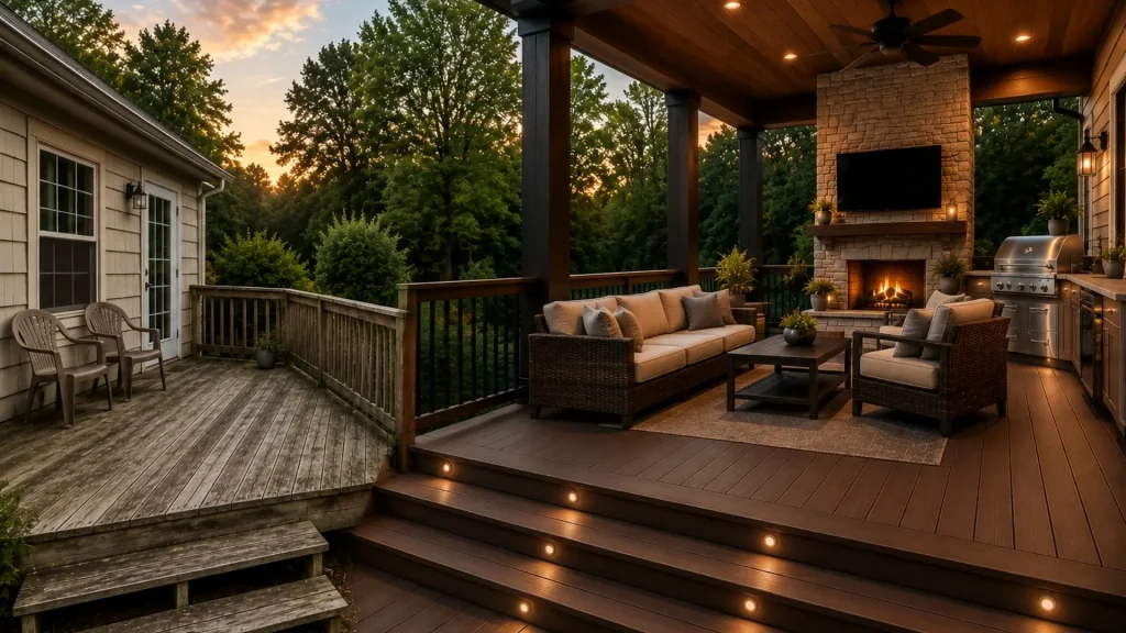 Luxury covered composite deck beside an aging builder-grade wood deck in North Atlanta.