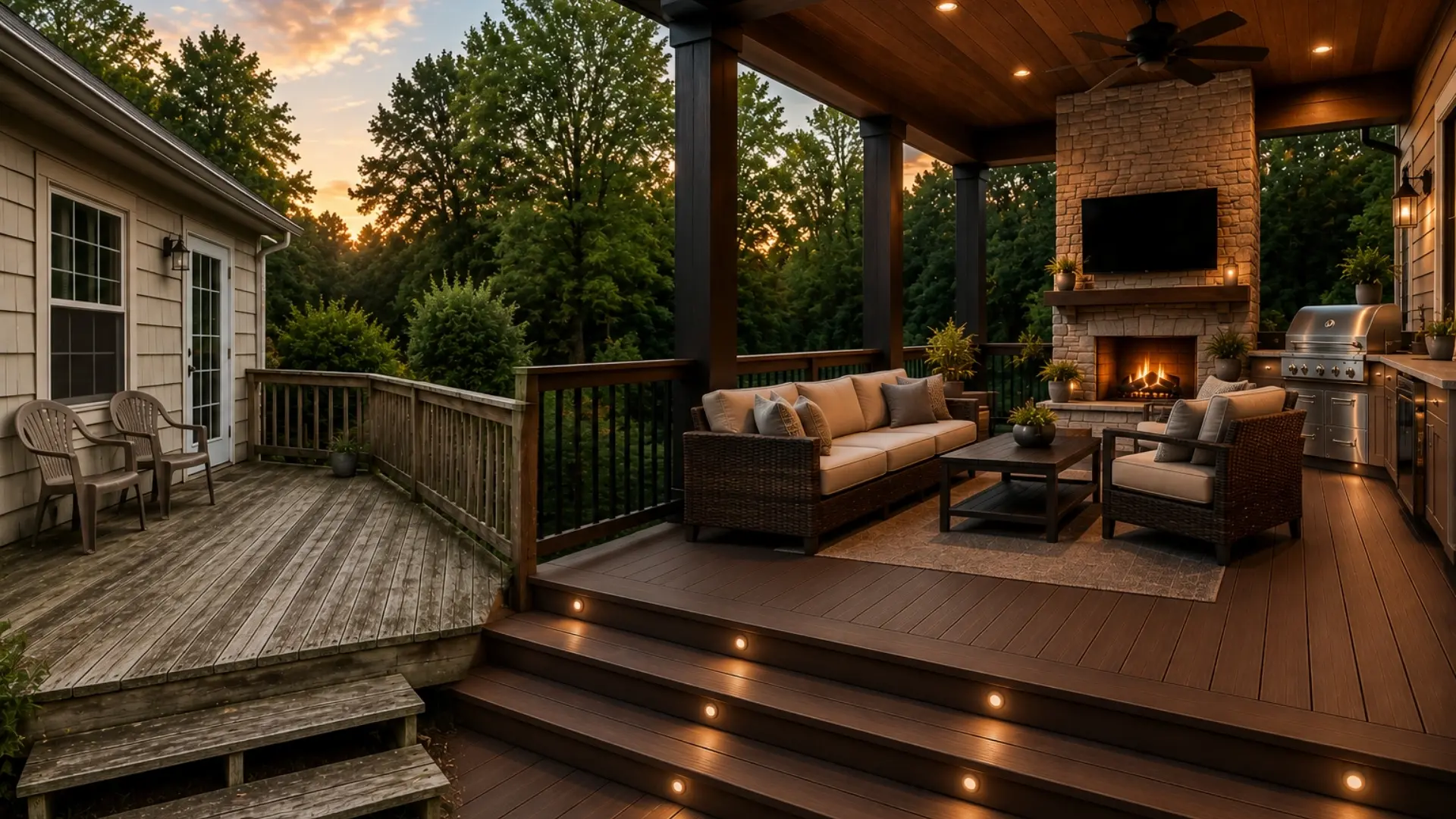 Luxury covered composite deck beside an aging builder-grade wood deck in North Atlanta.