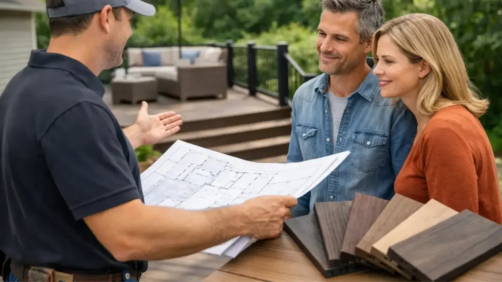 Luxury composite deck contractor discussing custom deck design and composite decking materials with North Atlanta homeowners during an outdoor living consultation.