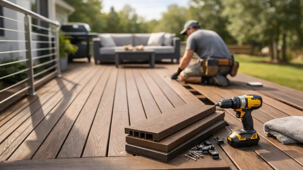 Composite deck construction in a North Atlanta backyard with modern decking boards, cable railing, and contractor installation in progress.