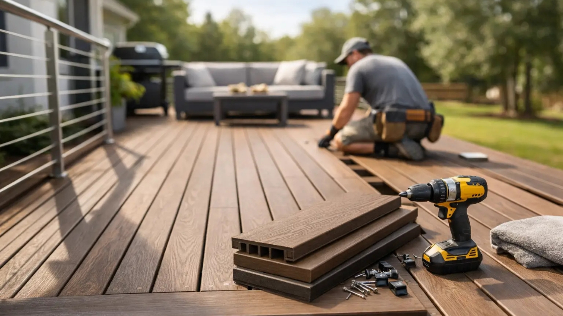 Composite deck construction in a North Atlanta backyard with modern decking boards, cable railing, and contractor installation in progress.