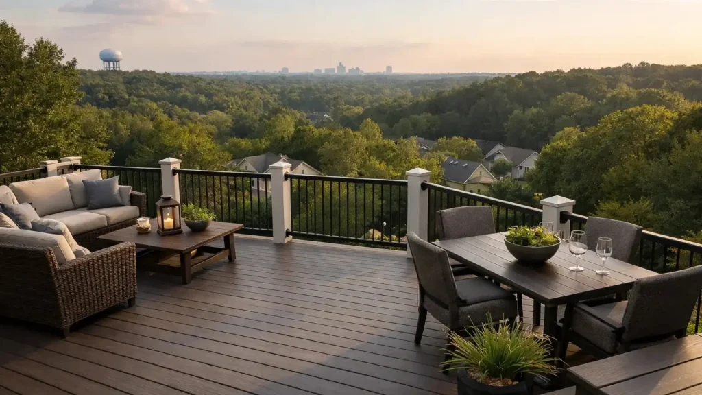 Luxury composite deck overlooking a wooded North Atlanta landscape with modern black railing, outdoor lounge seating, dining area, and elevated backyard views at sunset.