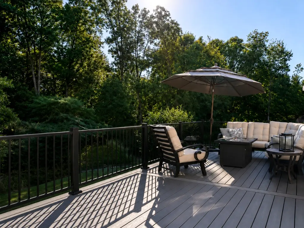 Modern composite deck replacement with black aluminum railing and outdoor seating area overlooking a wooded backyard in a North Atlanta home by Yanover Construction.