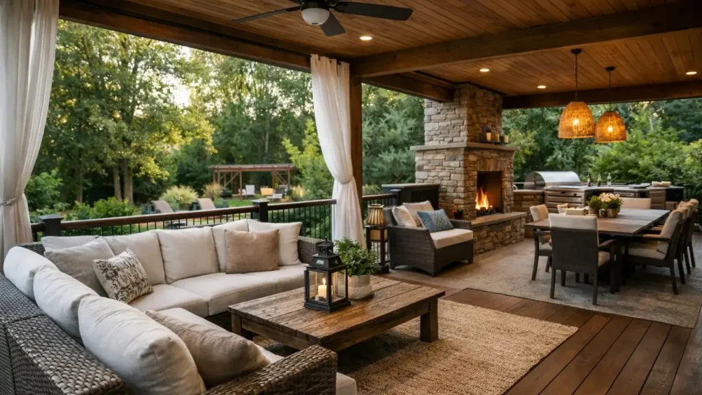 Luxury covered deck with fireplace, outdoor dining area, and lounge seating in a wooded Alpharetta, GA backyard.