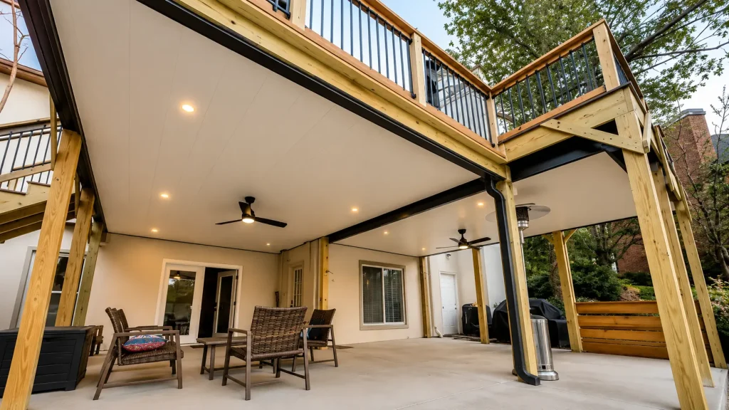 Covered outdoor living patio beneath a Trex composite deck featuring recessed lighting and ceiling fans in Alpharetta, GA.
