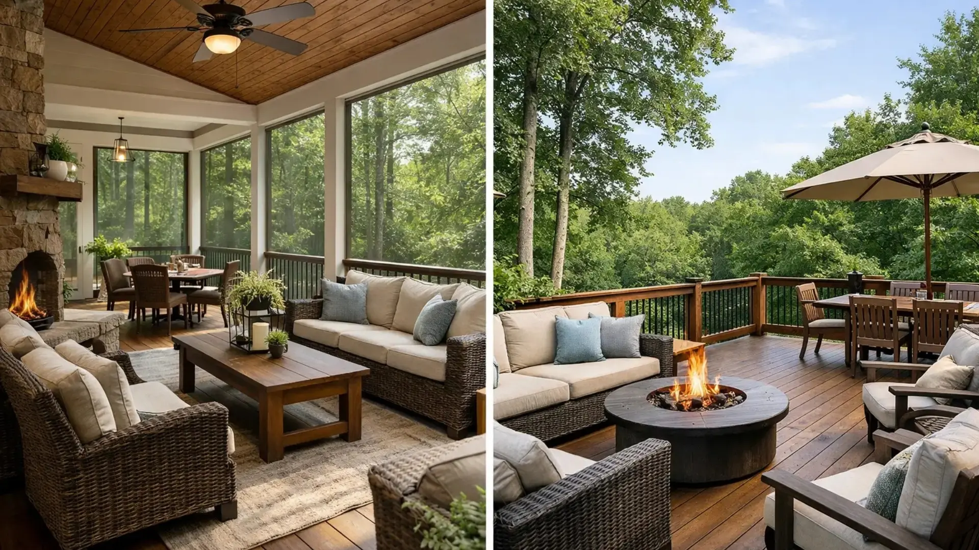 Covered screened porch with fireplace beside an open backyard deck featuring outdoor seating and entertaining spaces in a wooded North Atlanta home.