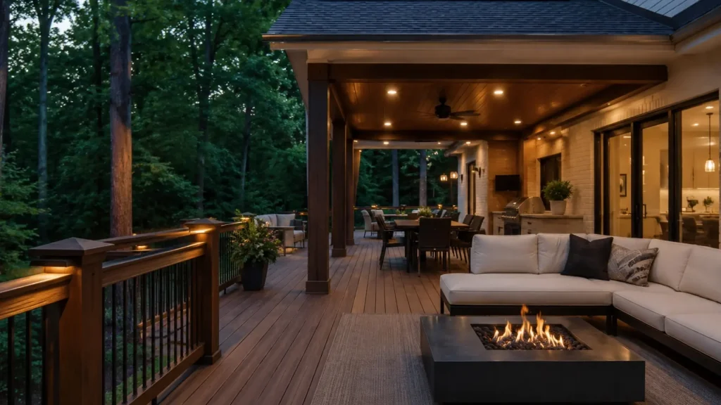 Luxury custom composite deck with covered outdoor living area, integrated lighting, fire feature, and outdoor kitchen in North Atlanta home.