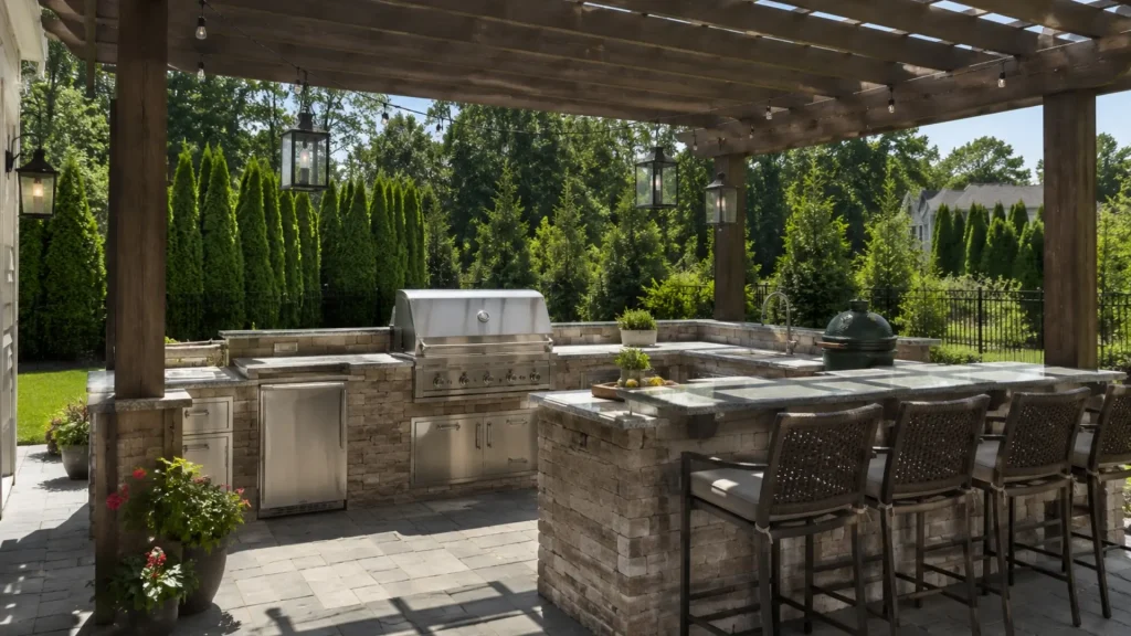 Luxury outdoor kitchen under a custom pergola with stone countertops, built-in grill, and bar seating in Alpharetta North Atlanta.