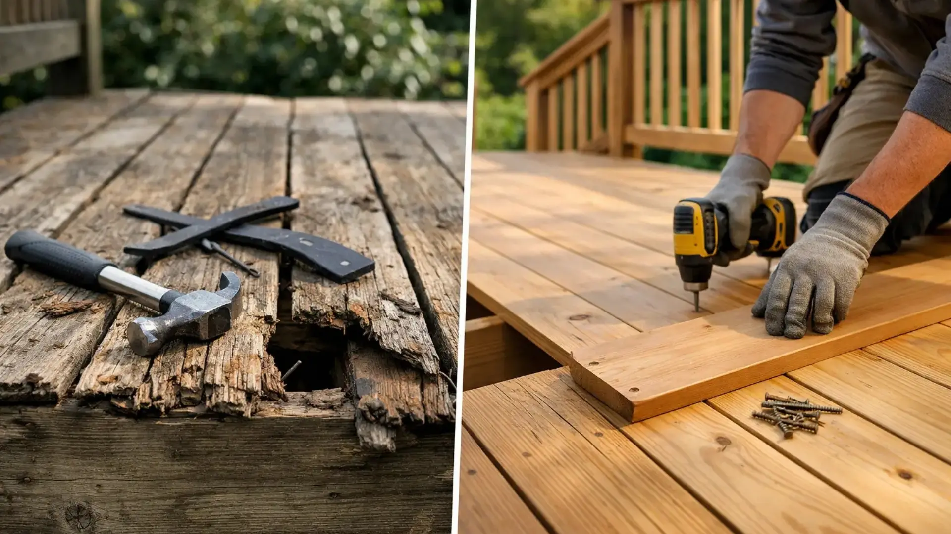 Deck replacement comparison showing damaged wood decking versus a newly installed deck by a professional deck builder.