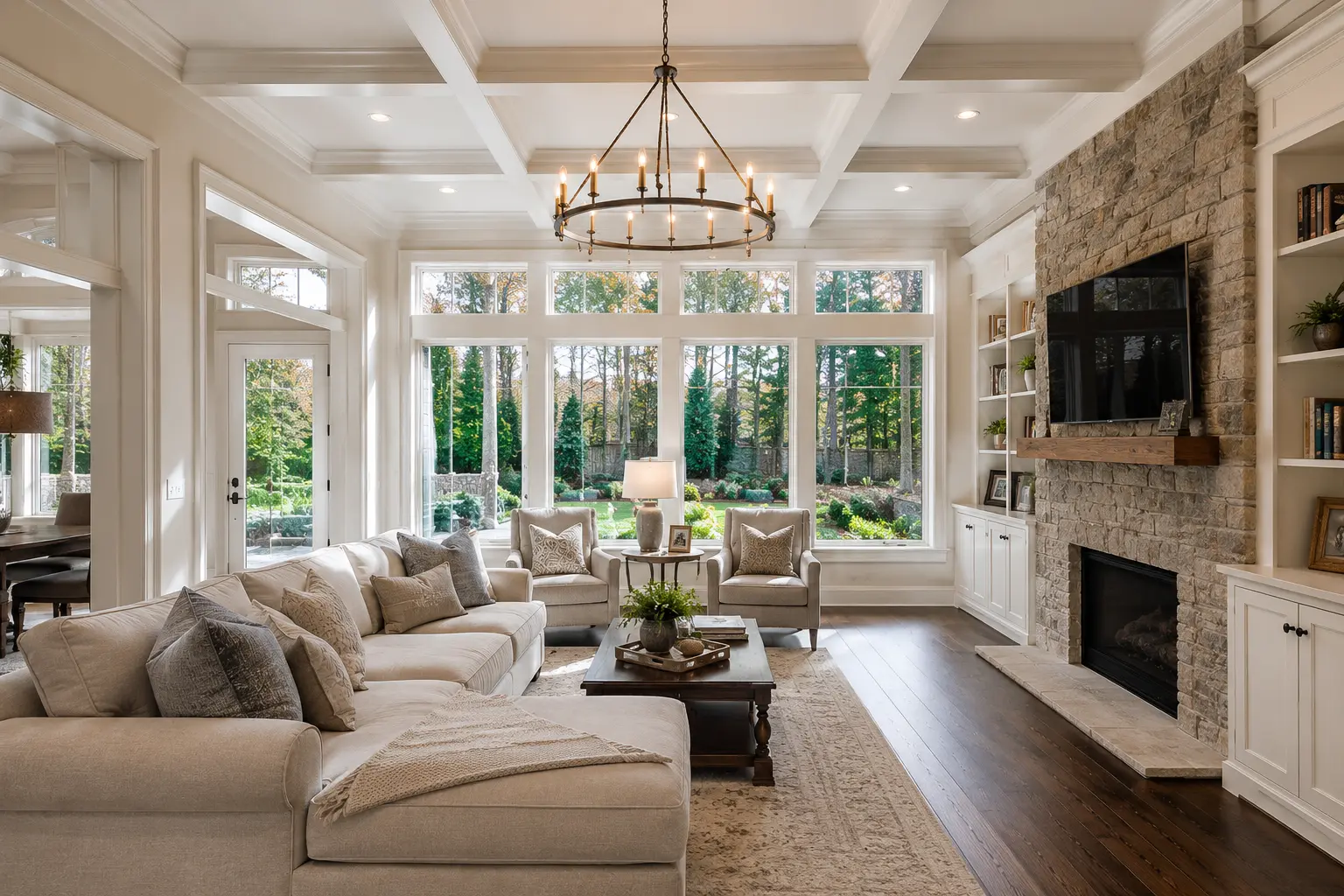 Luxury family room addition with coffered ceiling, stone fireplace, oversized windows, and elegant neutral furnishings in a high-end estate home.