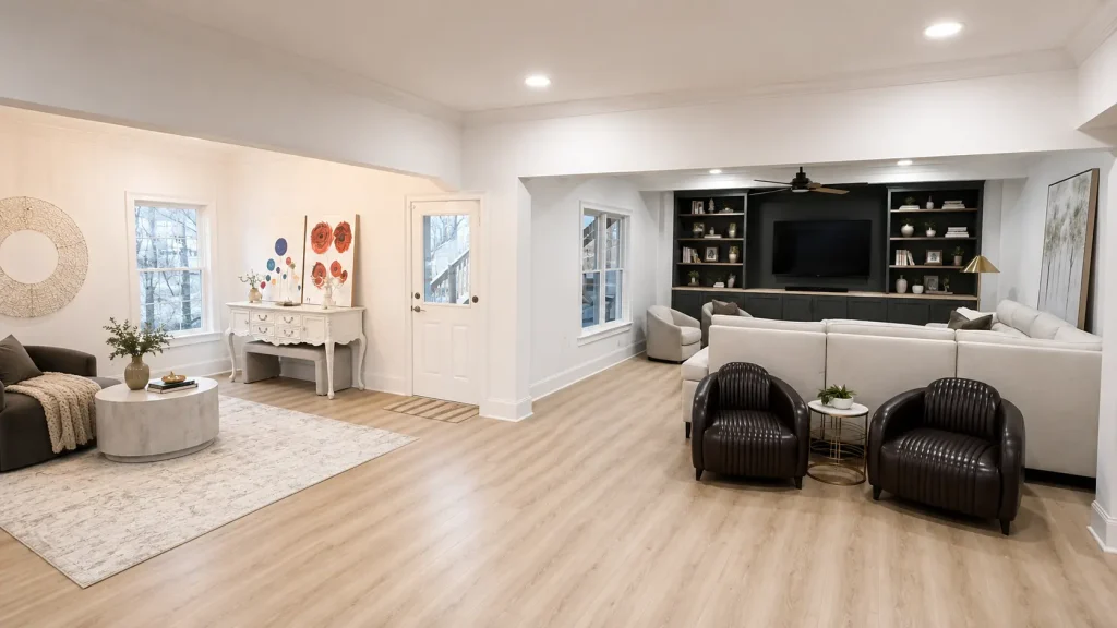Luxury finished basement remodeling with custom cabinets and open living space.