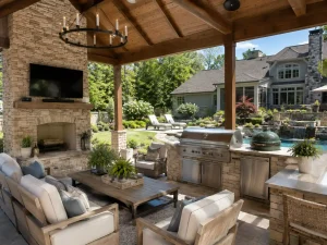 Luxury covered outdoor living space with outdoor kitchen and fireplace in North Atlanta