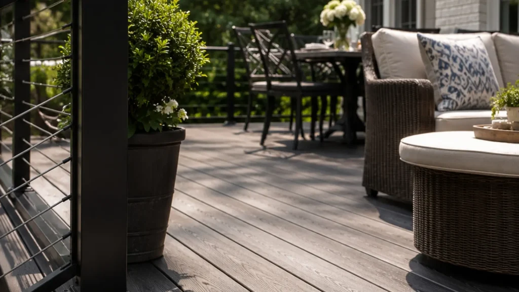 Luxury composite deck with covered outdoor living area, cable railings, fireplace, and multi-level entertainment space designed for a North Atlanta home.