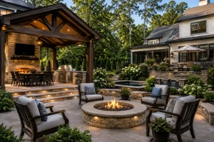 Luxury outdoor fire pit and covered patio living space in Alpharetta North Atlanta