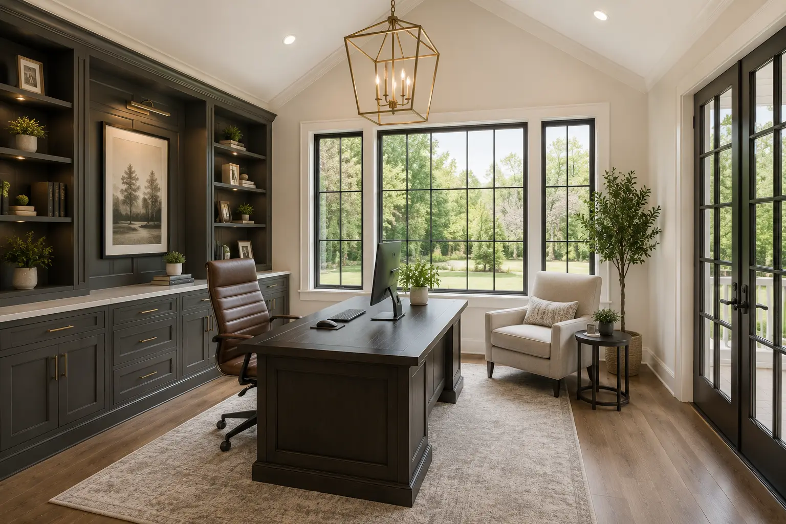 Luxury home office addition in Alpharetta with custom built-ins, large windows, and modern executive desk in a bright upscale interior.