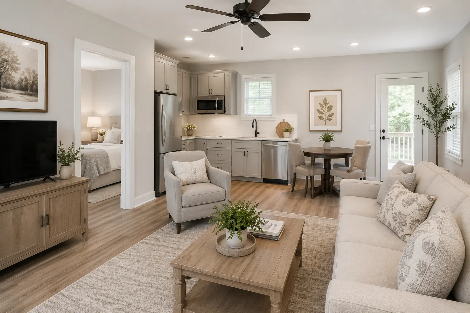 Luxury in-law suite addition with open-concept living area and private bedroom.