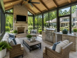 Luxury screened porch with outdoor kitchen and vaulted ceiling in North Atlanta