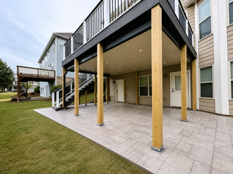 Covered outdoor living space beneath an elevated TimberTech composite deck by Yanover Consruction.