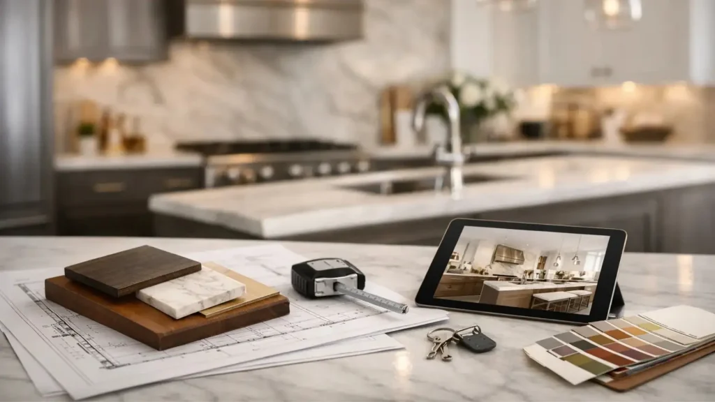 Luxury kitchen remodel planning materials including countertop samples, floor plans, and design concepts for a North Atlanta kitchen renovation.