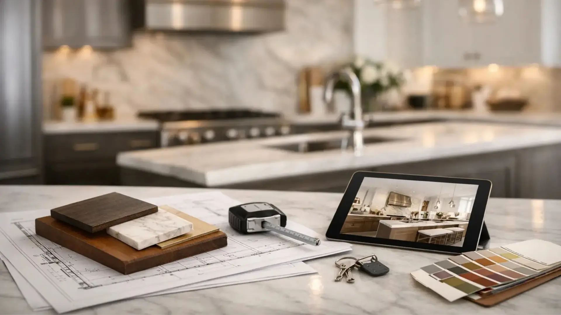 Luxury kitchen remodel planning materials including countertop samples, floor plans, and design concepts for a North Atlanta kitchen renovation.