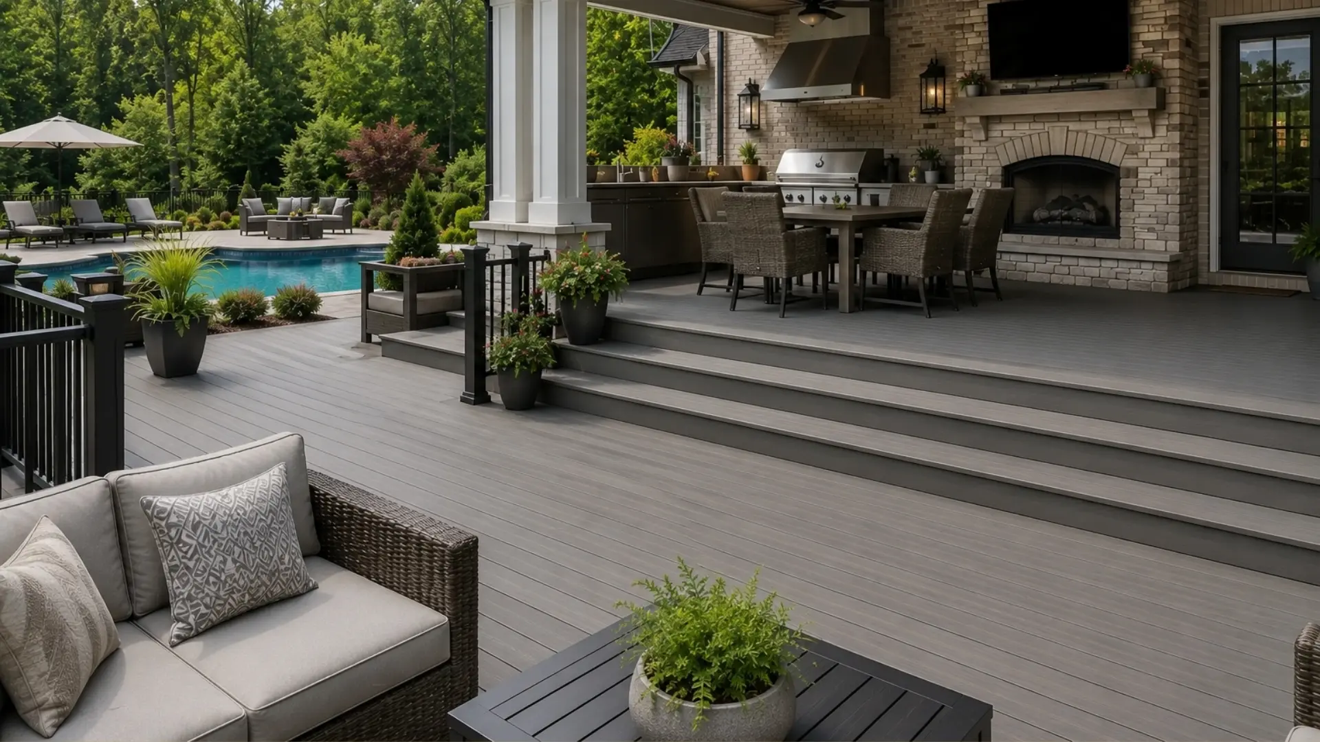 Luxury outdoor living space with gray composite decking and covered patio in Alpharetta.