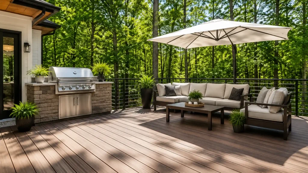 Composite deck with outdoor kitchen and lounge area in Alpharetta and Miton.