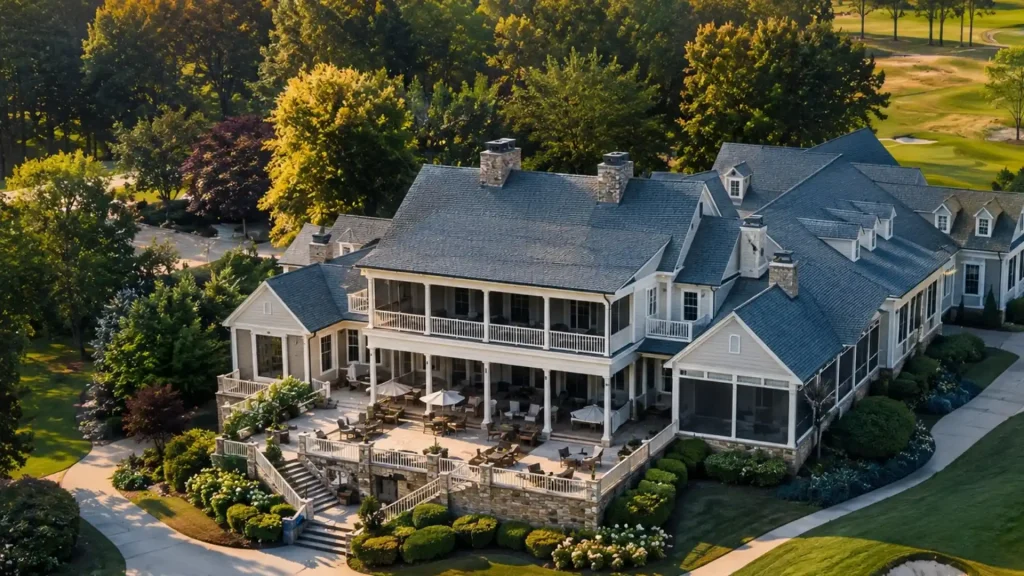 Luxury outdoor living estate home in Milton GA with screened porches, covered patios, and expansive backyard entertaining spaces.