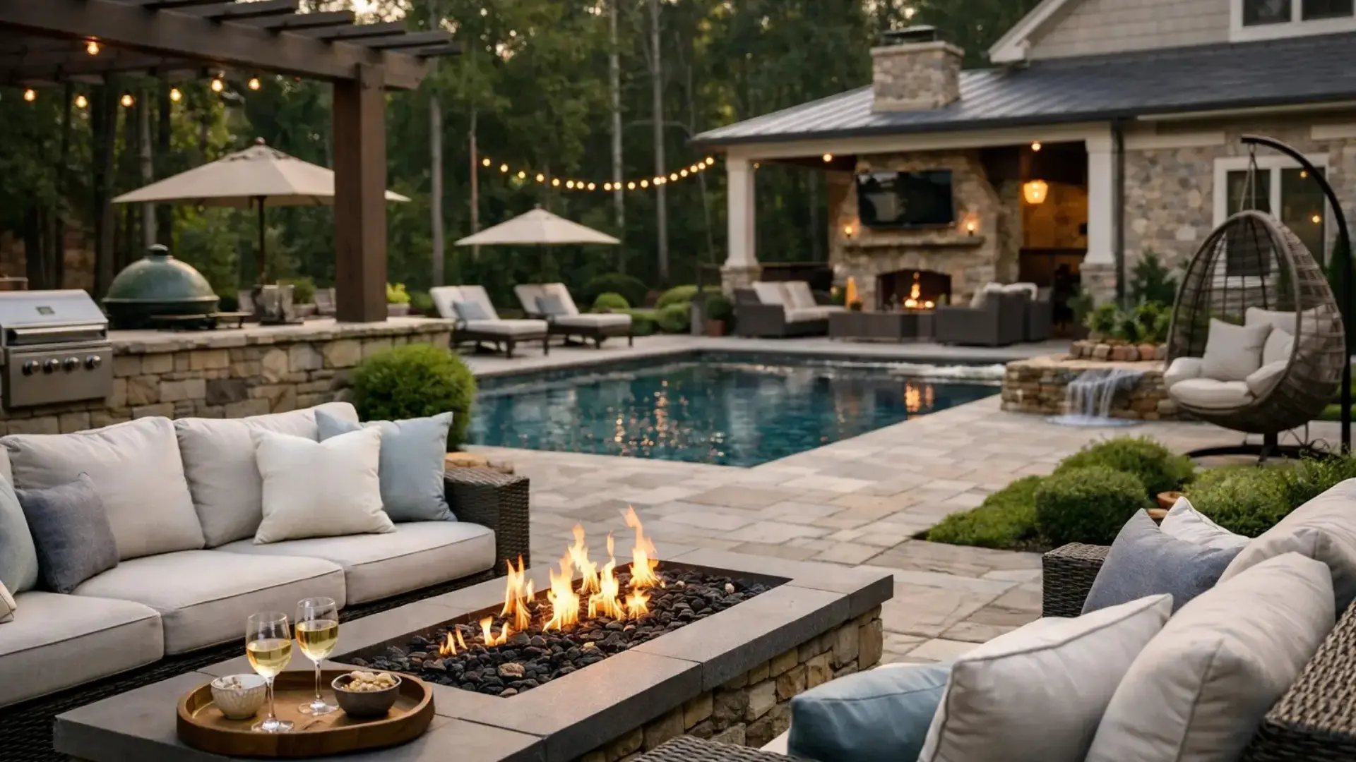 Luxury outdoor living space in Alpharetta North Atlanta featuring covered patio, outdoor kitchen, fire pit seating, poolside entertaining area, and custom backyard design.
