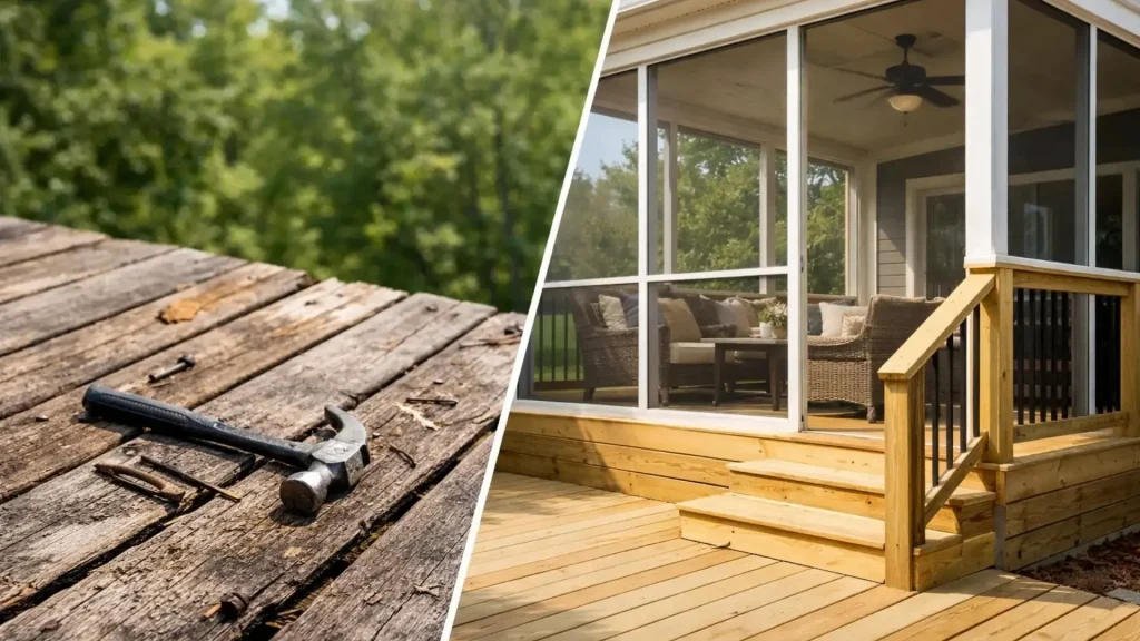Old deck replacement before building a luxury screened porch addition.