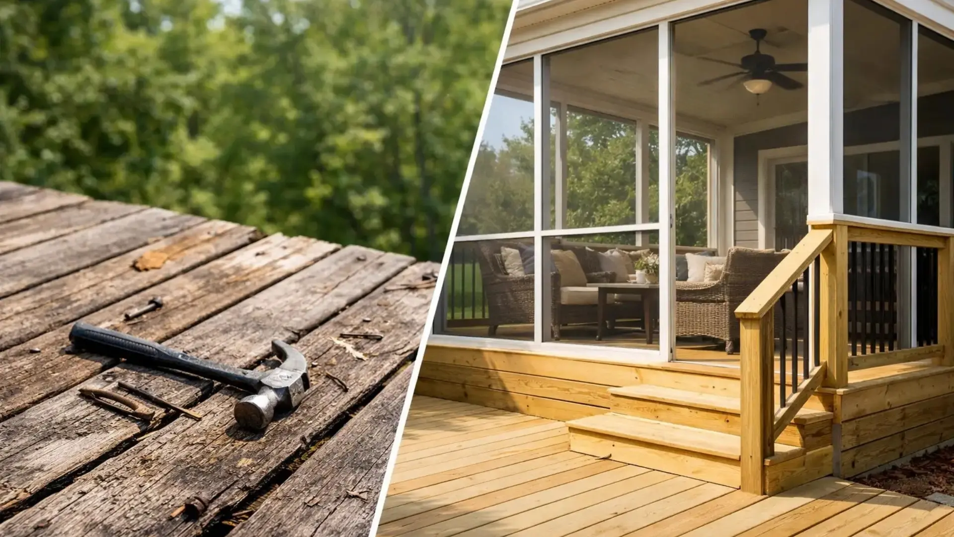 Old deck replacement before building a luxury screened porch addition.