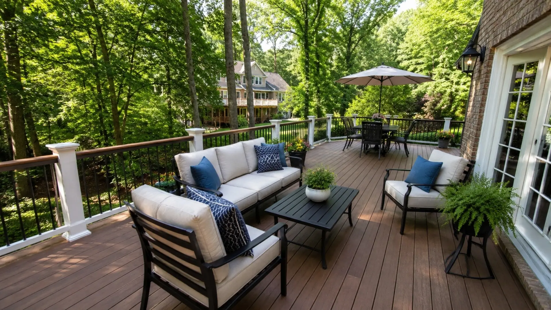 Custom composite deck with modern outdoor seating area overlooking a wooded backyard in Roswell, GA during summer daytime.