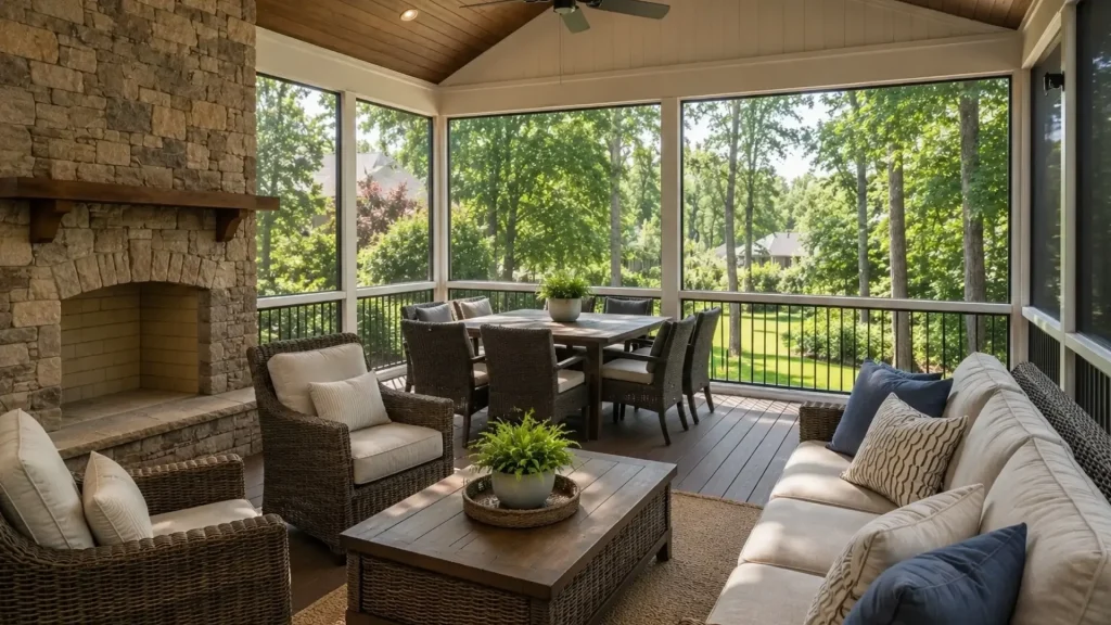 Modern screened-in porch with vaulted wood ceiling, stone fireplace, wicker seating, and backyard views in an Alpharetta outdoor living space.