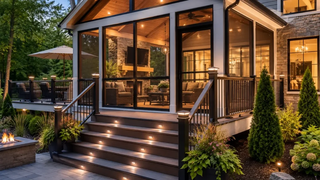Modern screened porch with composite decking and illuminated stairs on a luxury North Atlanta home.