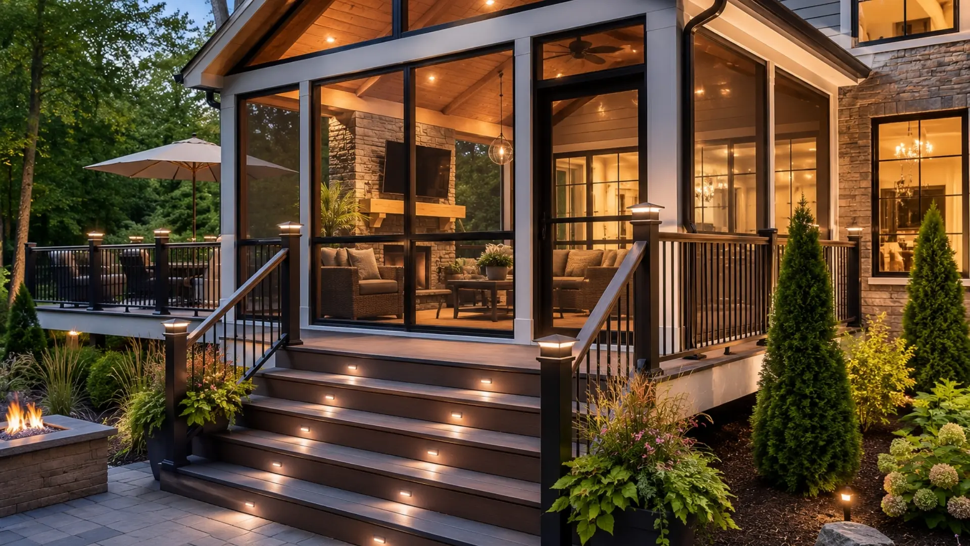 Modern screened porch with composite decking and illuminated stairs on a luxury North Atlanta home.
