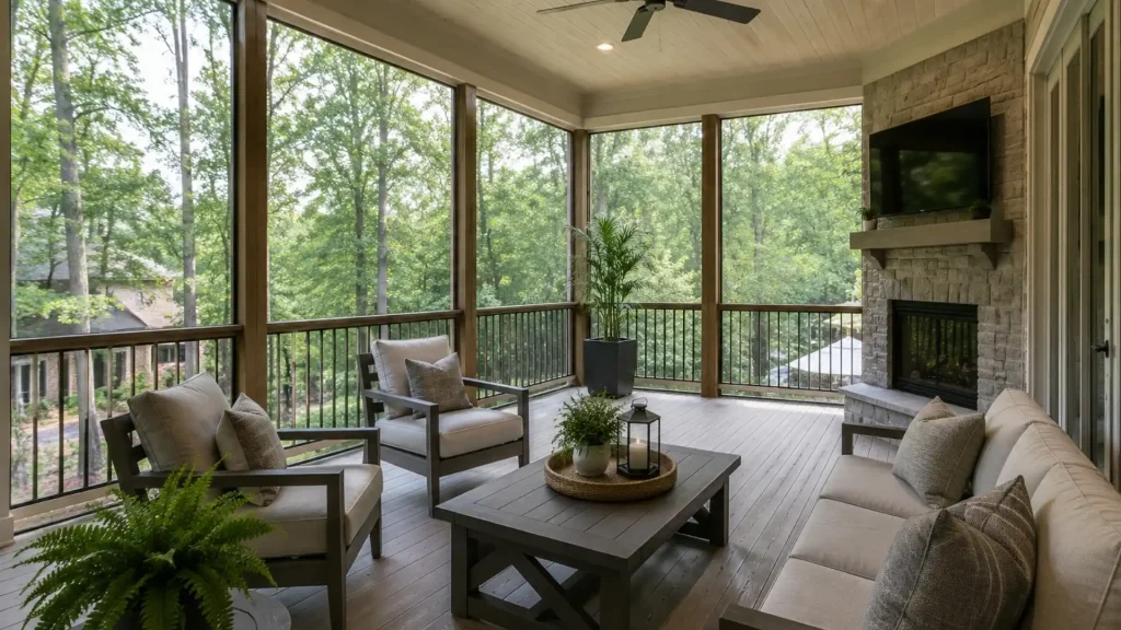 Custom screened porch with fireplace, composite flooring, and outdoor seating at a North Atlanta home.