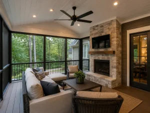 Screened porch with ceiling fan, fireplace, and outdoor seating in North Atlanta.