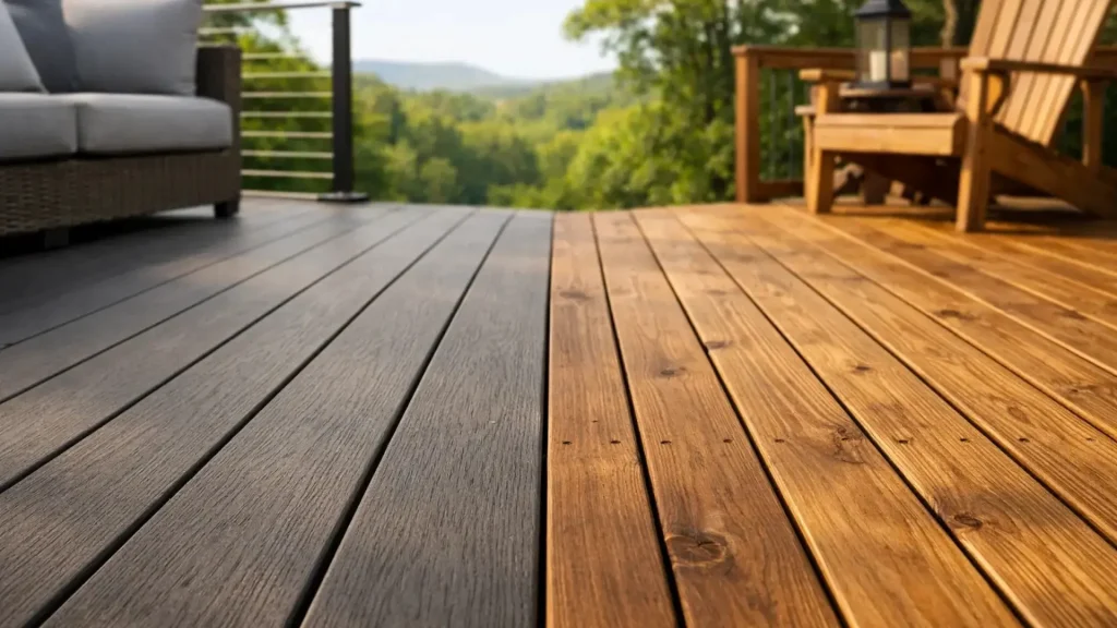 Composite decking vs wood decking comparison for luxury outdoor living space in Georgia featuring modern composite deck boards beside traditional wood decking.